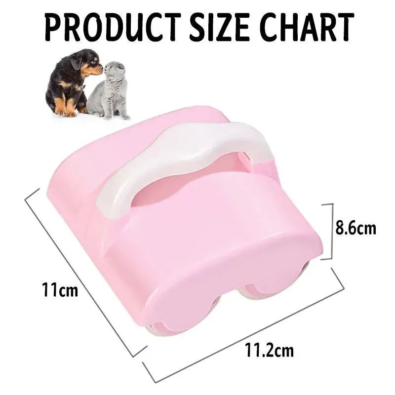 Green pet hair removal roller with handle and double rollers on a white background