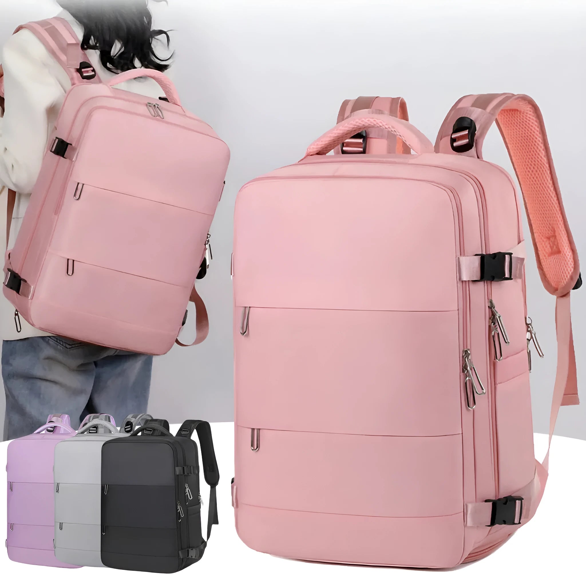 Large grey travel backpack with multiple compartments and an air pillow strap, shown next to a laptop.