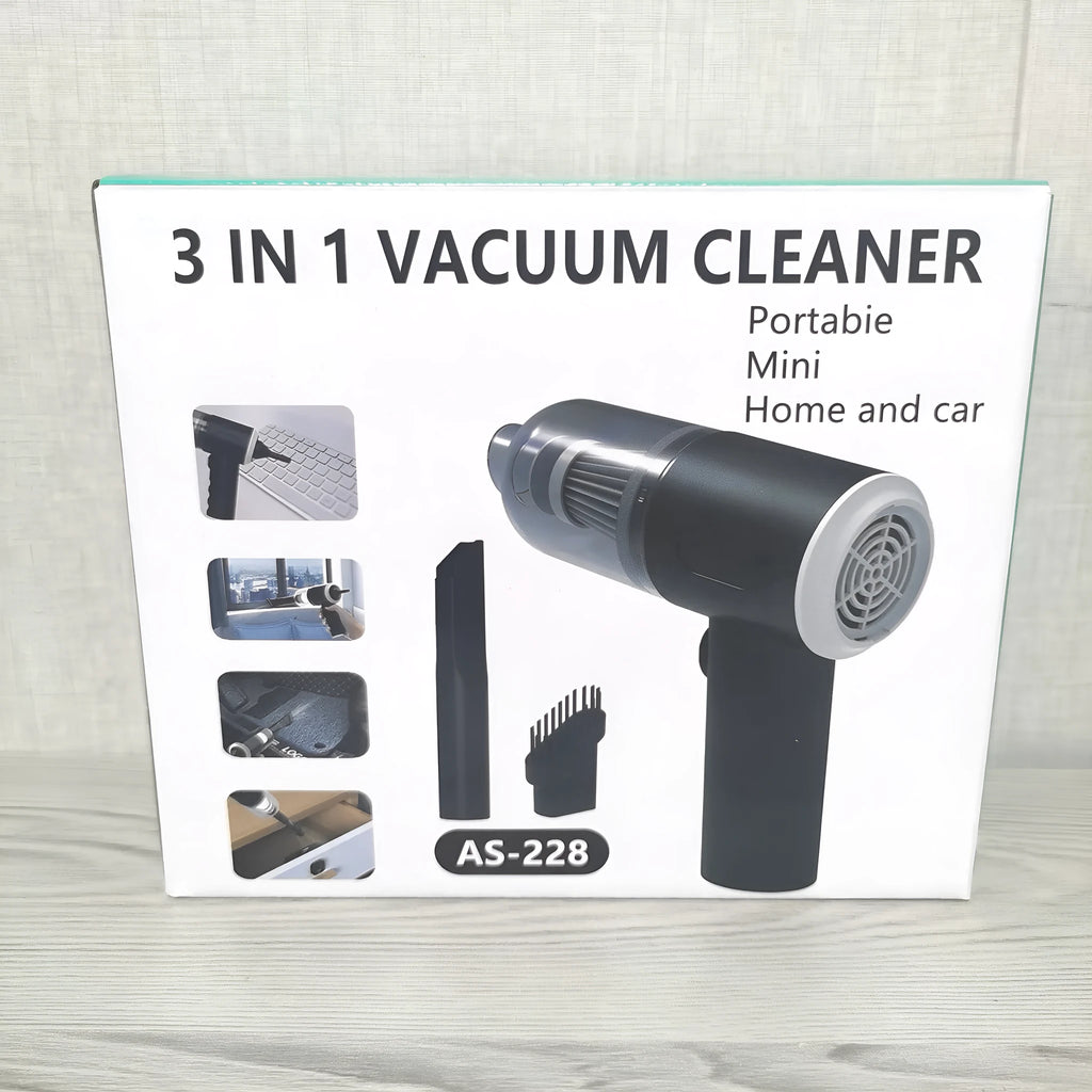 AS-228 Black handheld car cleaner with transparent dust cover and USB charging cable