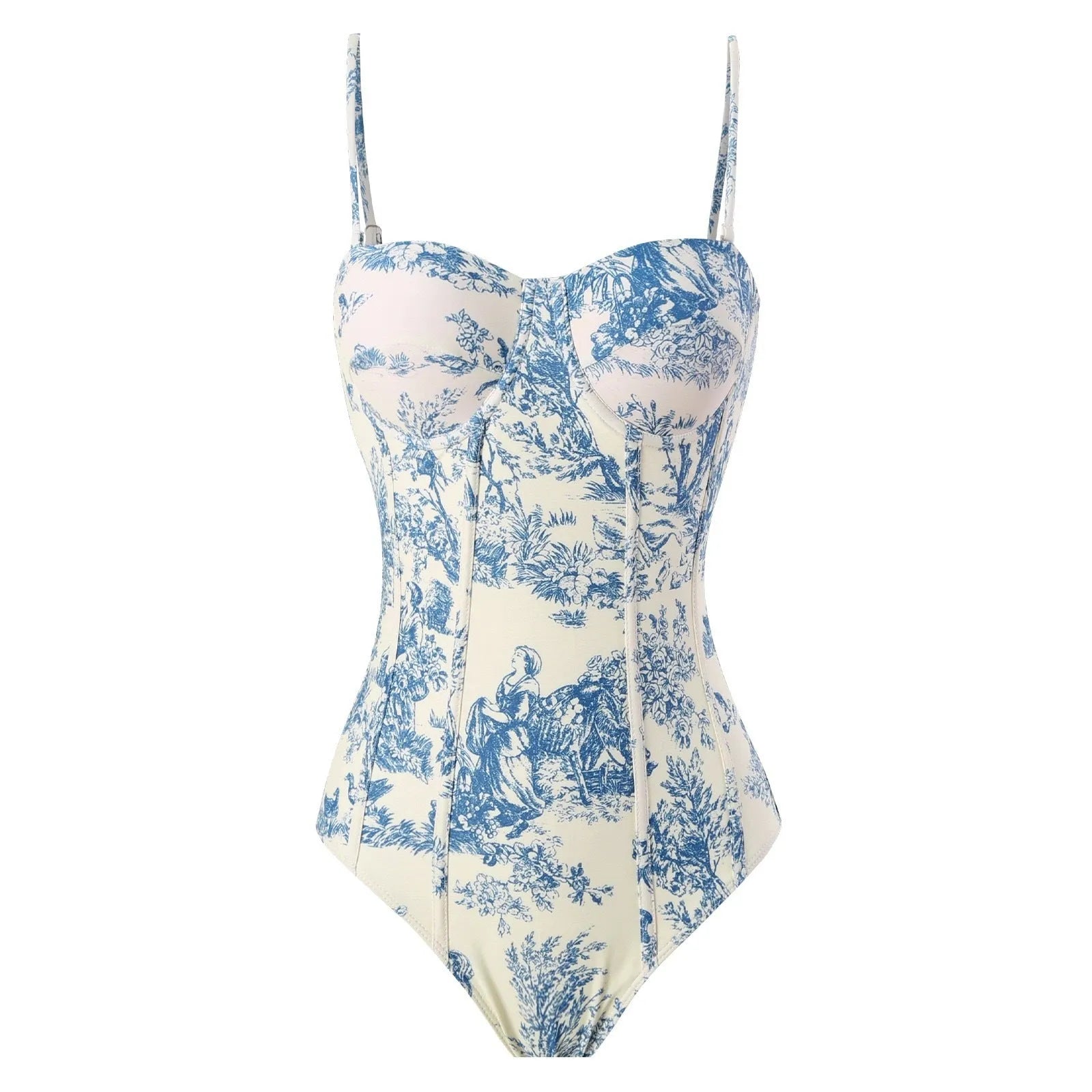 Blue patterned one-piece swimsuit for women on a mannequin, with an optional gauze skirt shown alongside.