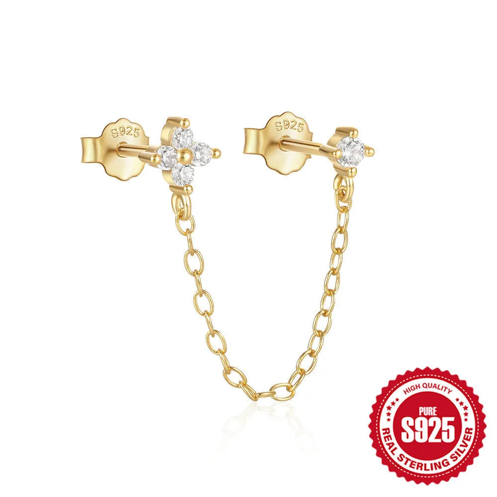 S925 sterling silver geometric stud earrings with diamond, flower, and tassel chain design in a golden colour.