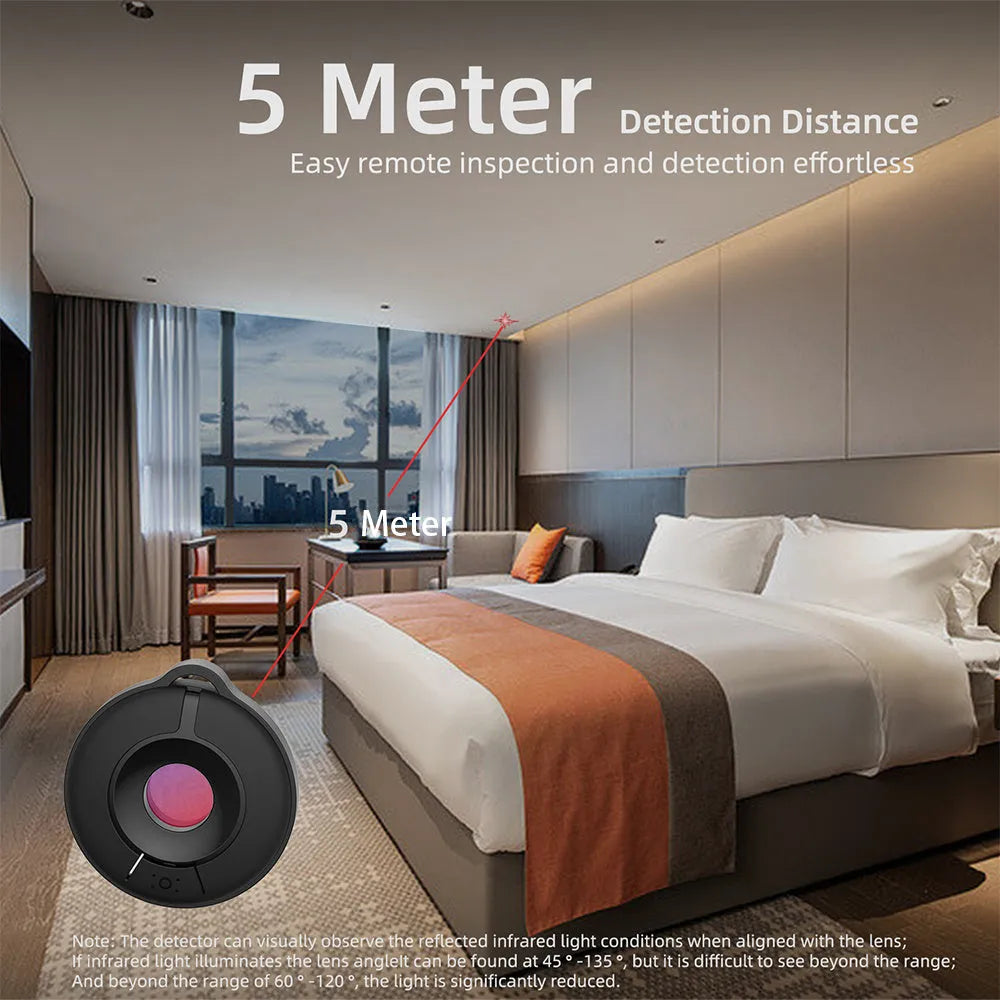 Compact black infrared camera detector for finding hidden cameras with a 5 metre detection range.