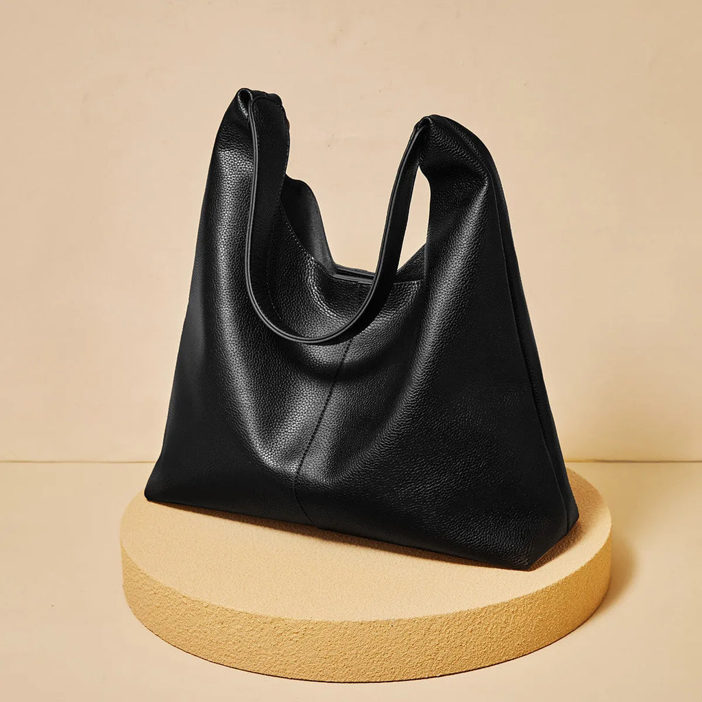 Genuine cattle leather large capacity casual shoulder bag for women in brown with sandwich zipper internal pocket