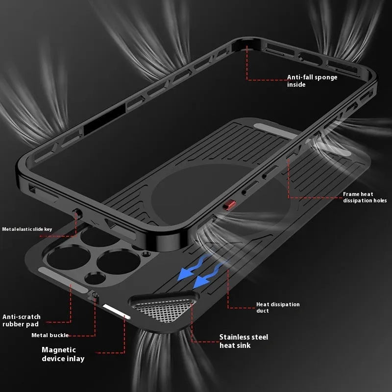 Two-in-one aluminium alloy phone case with leather spring fastener and rotating bracket in black and blue colour