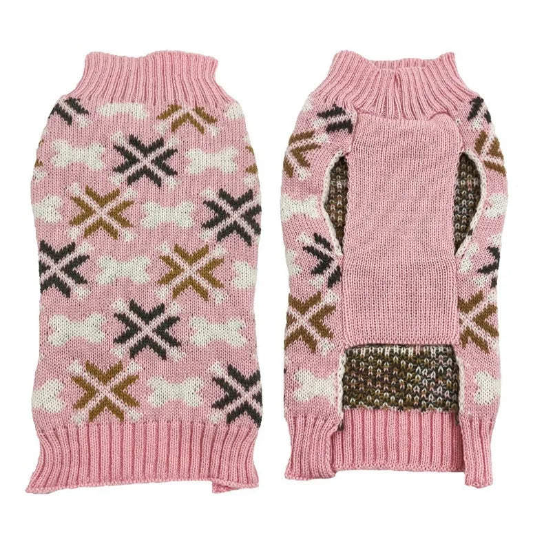 Grey and pink Japanese-style retro jacquard knit sweater, hat, and scarf sets for small dogs and cats.