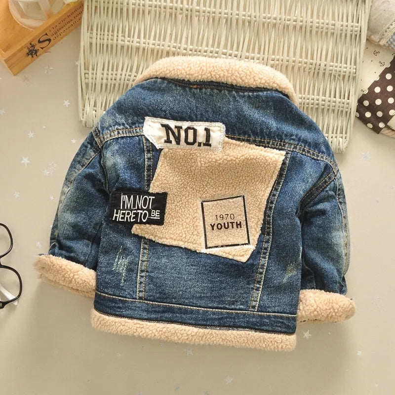 Children's baby thickened fleece-lined Korean style denim jacket with fur collar in denim colour, size 110 cm