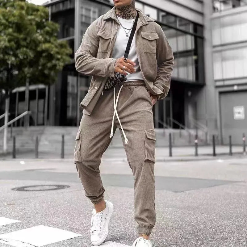 Men's cotton blend long sleeve sports suit set in army green, jacket and trousers, autumn casual tracksuit