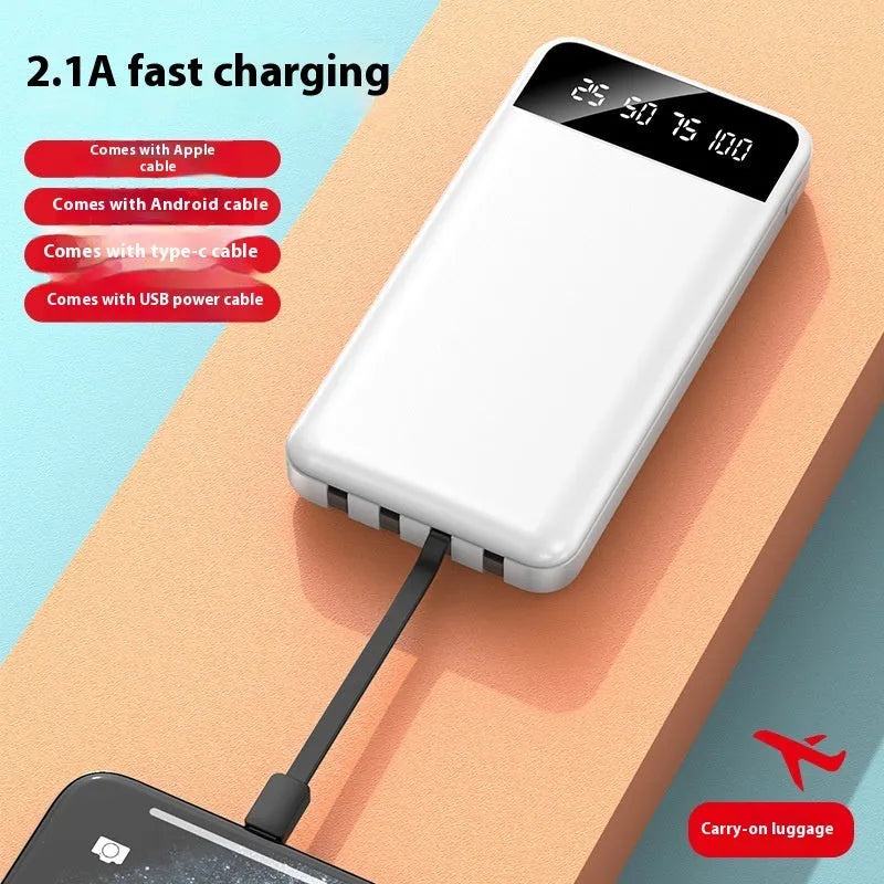 Black white red 20000mAh power bank with optional charging cable showing compact dimensions