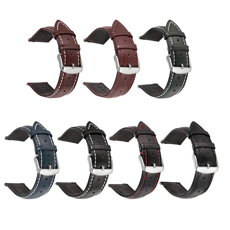 Quick release leather watch strap in bright cowhide showing colour and width options on a watch.