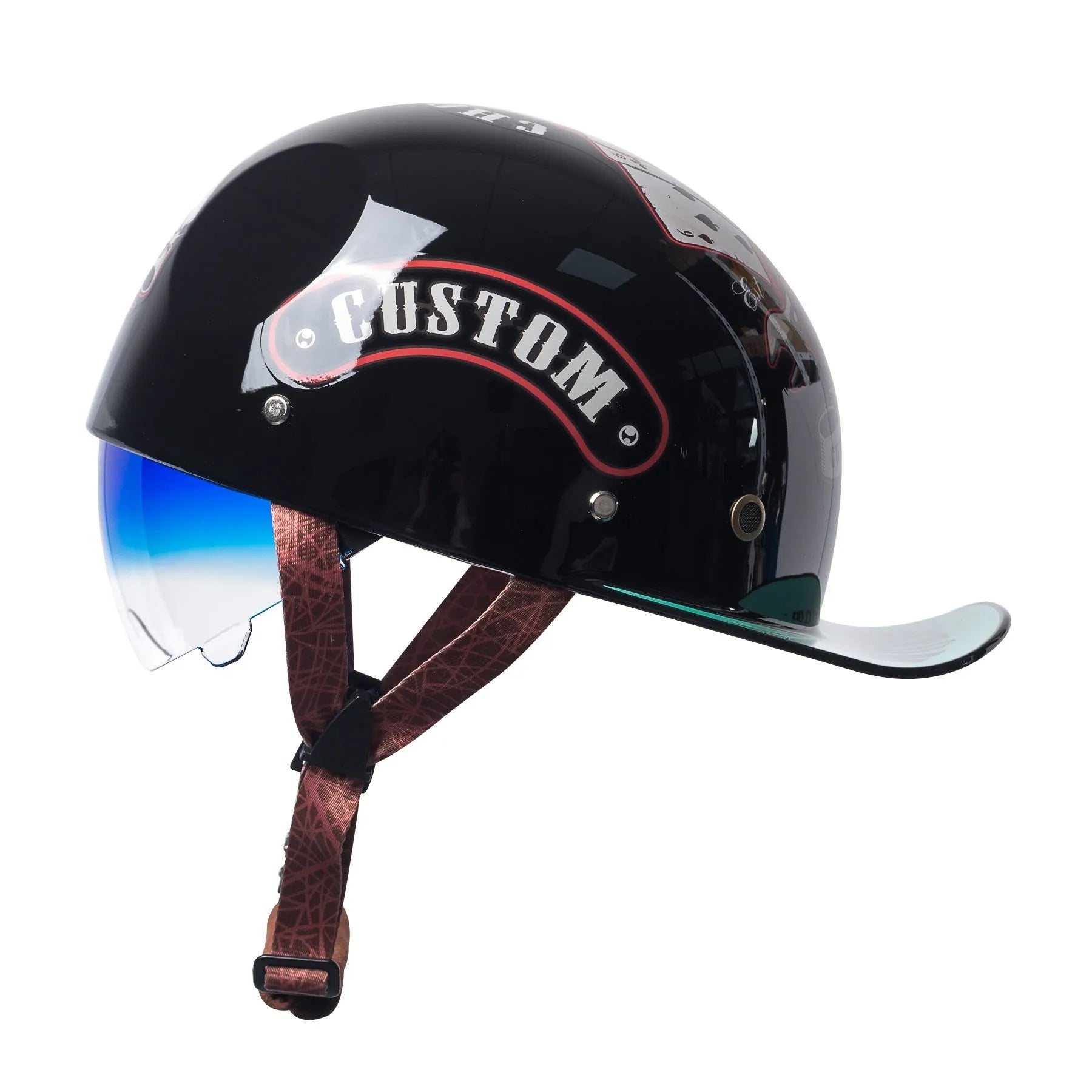 Men's bright black gradient retro half helmet for electric bicycles with a blue lens.
