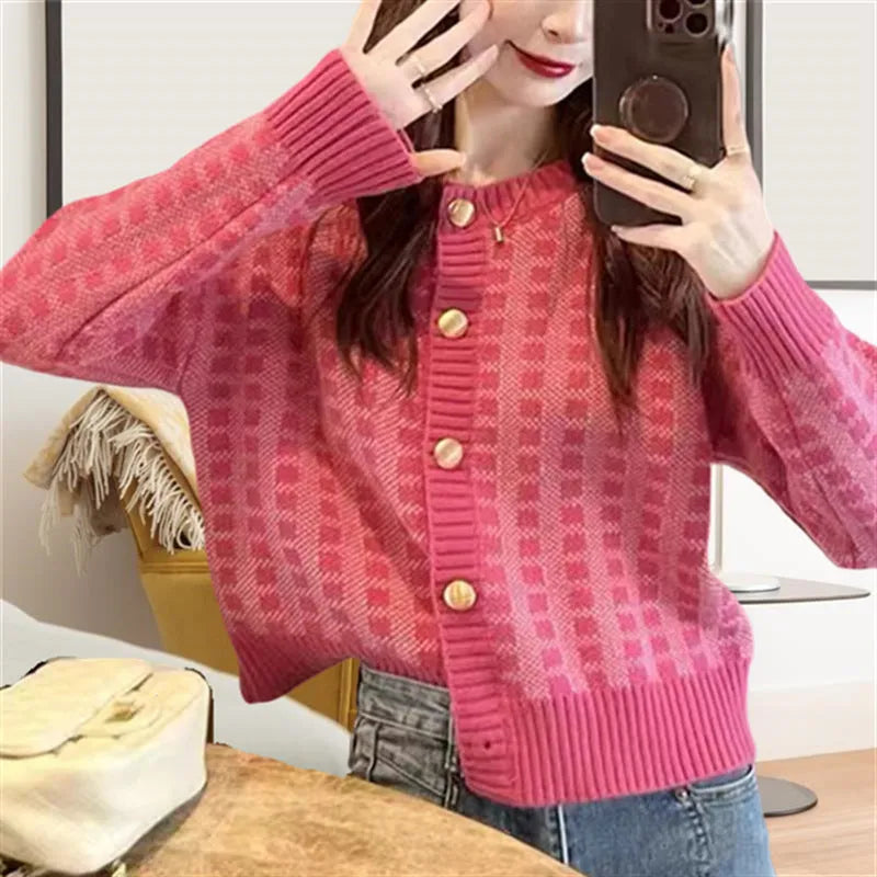 Pink plaid loose knit cardigan for women with button front, long sleeves, and 50cm length