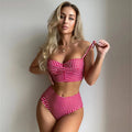 Women's plaid bikini swimsuit with high-waisted briefs in rose red, black, blue, and sky blue colour options