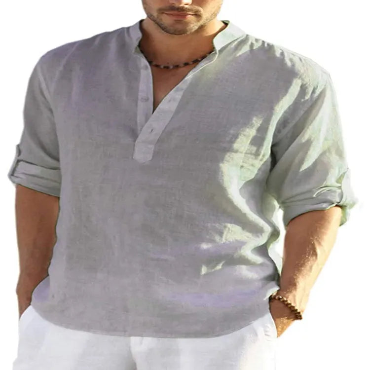 Men's solid colour long sleeve casual shirt in cotton linen fabric with a stand collar.