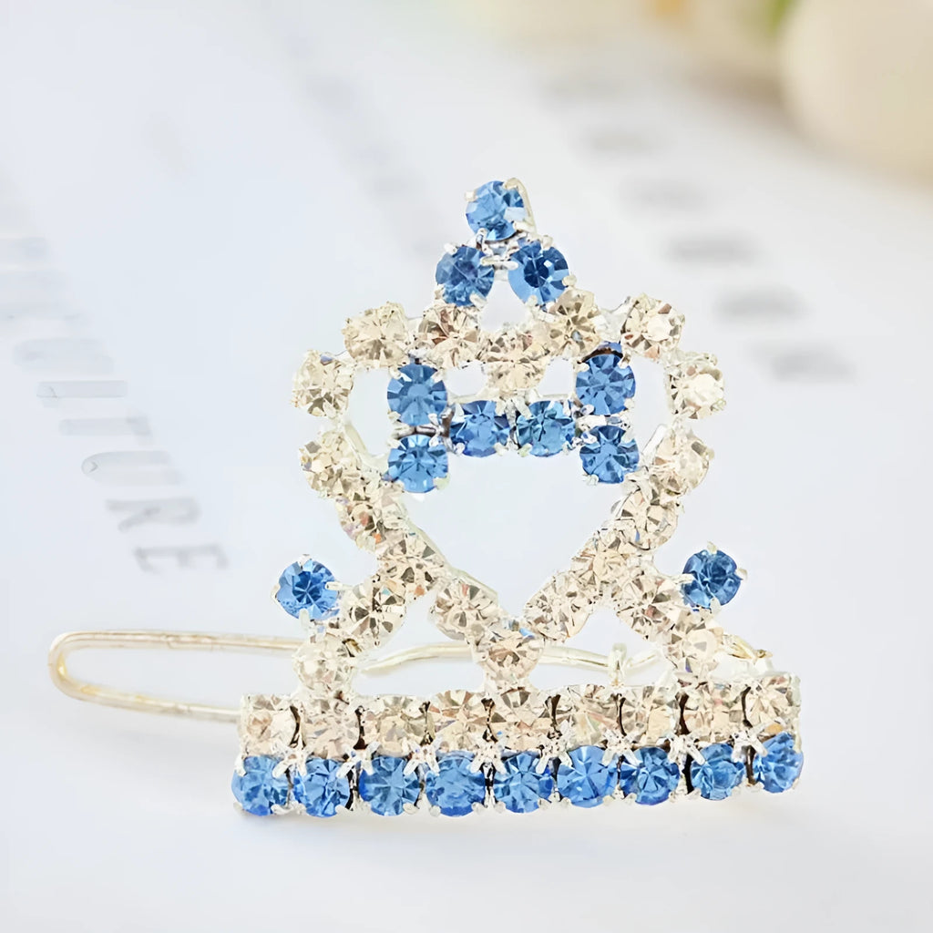 Crown dog and cat hairpin ornament, 3cm barrette in pink, blue, purple, or red with copper, rhinestone, and silver plating
