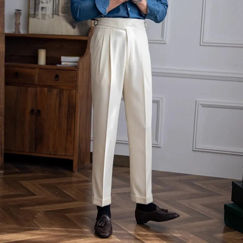 Men's high waist straight leg casual polyester trousers in black, shown laid flat.