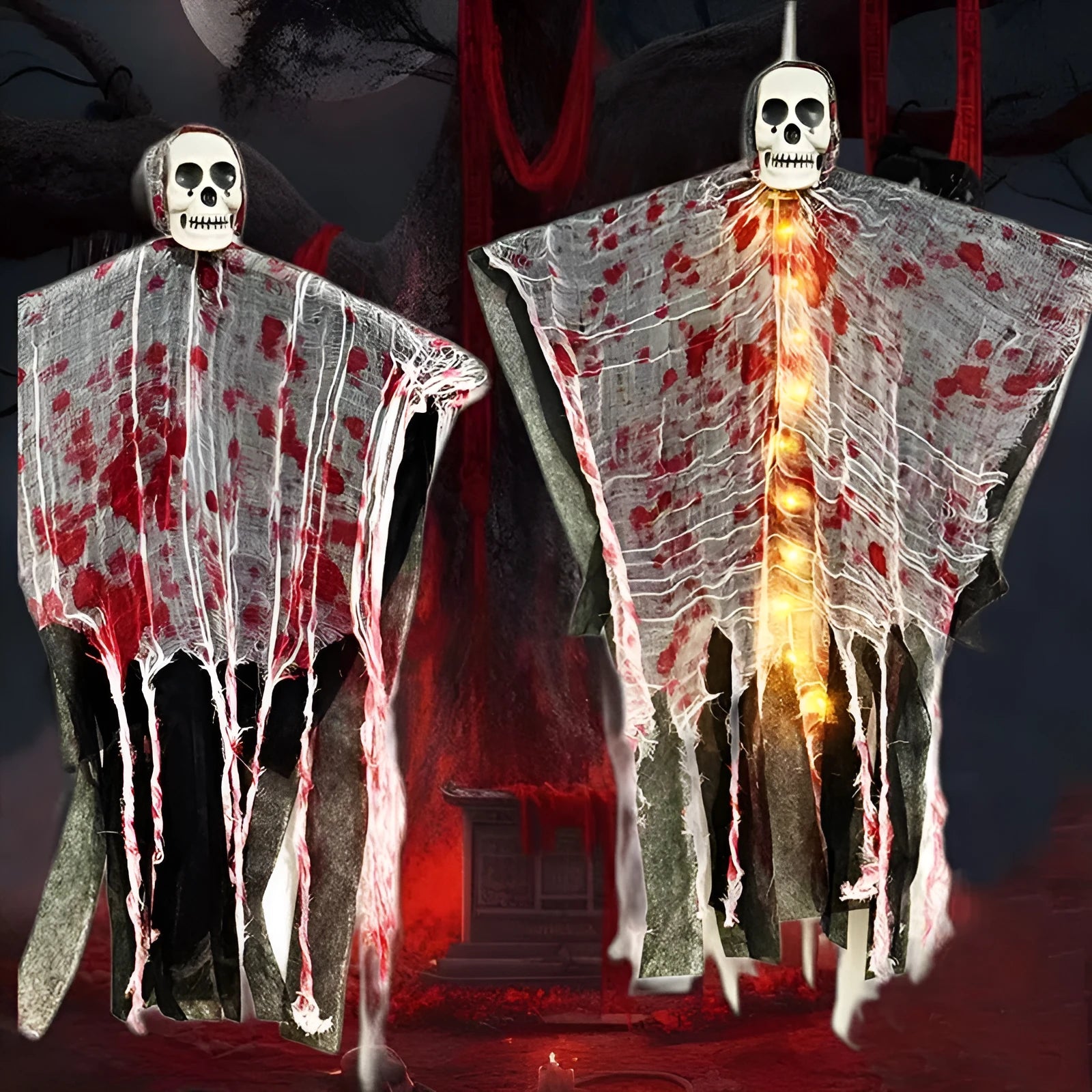 Plastic Halloween hanging ghost ornament with luminous blood-dyed skull.