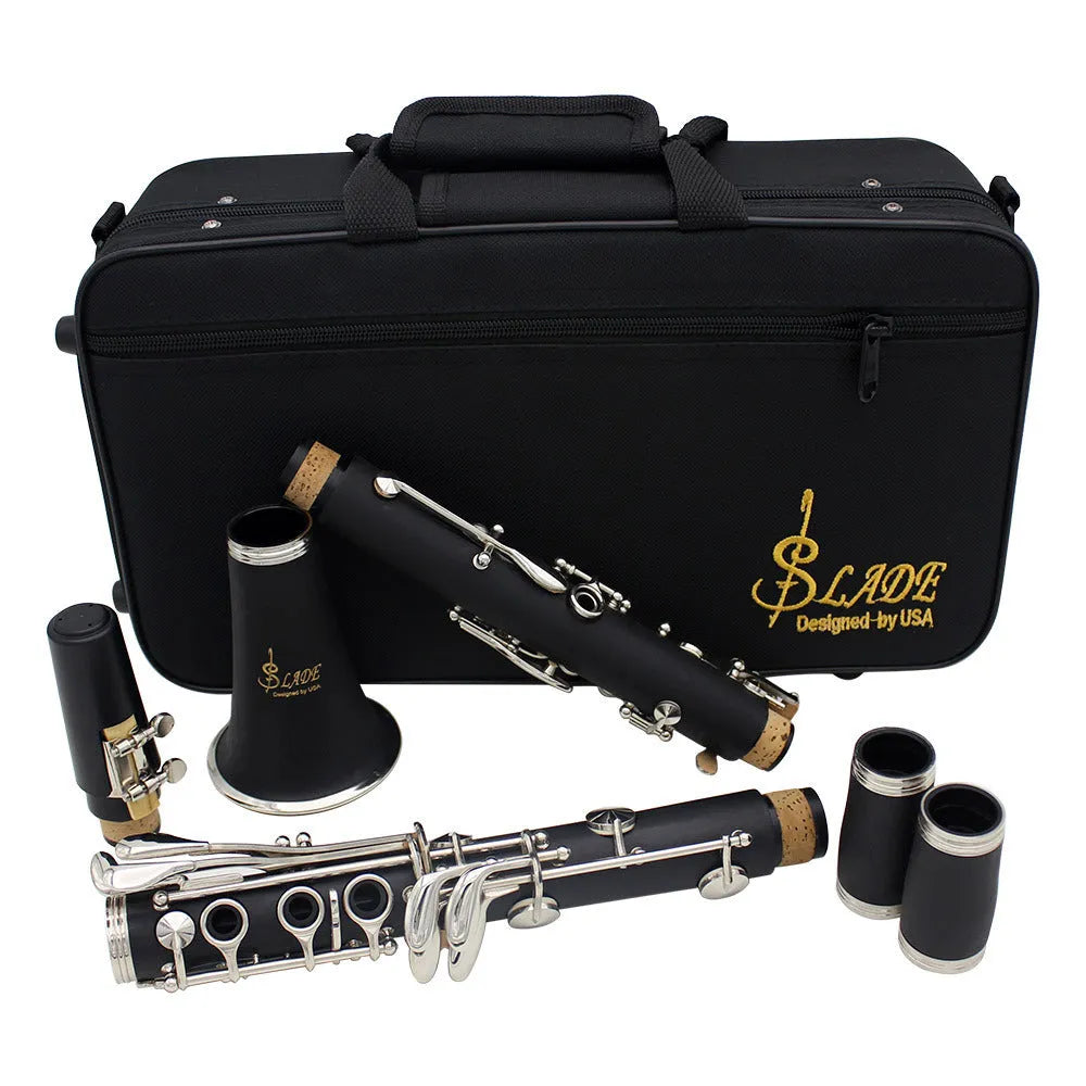 Black bakelite clarinet with 17 nickel-plated keys and carrying bag for beginner musicians