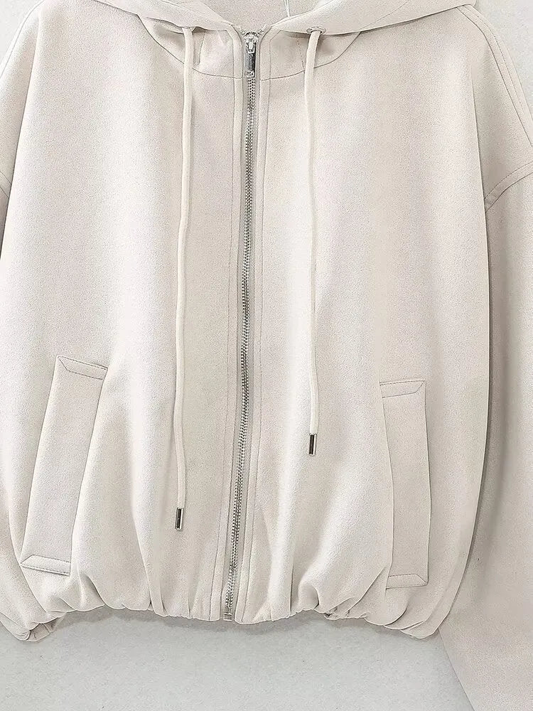 Women's casual suede hooded jacket in black or white colour options