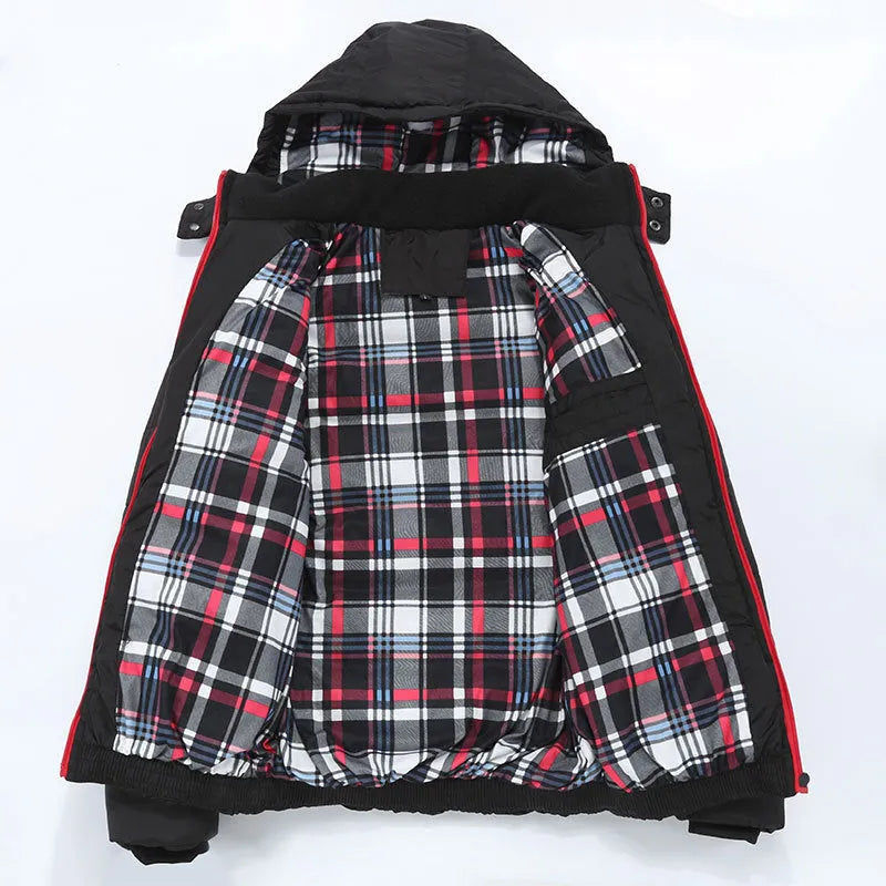 Men's mid-length sports down cotton jacket in red, black or dark blue, sizes L to 6XL, nylon blend cardigan style