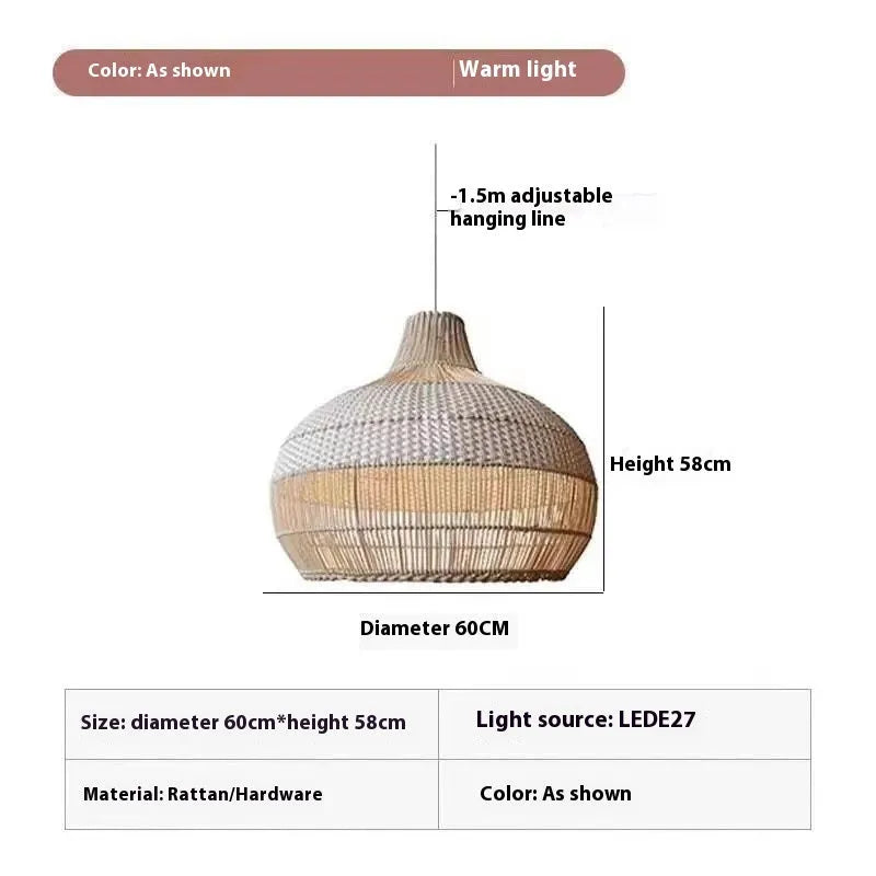 Natural rattan woven chandelier with a pastoral Southeast Asian design, 60cm in diameter.