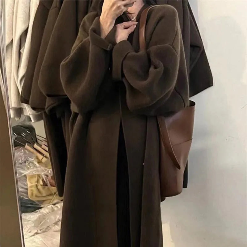 Women's loose knitted cardigan coat with long sleeves and splicing, free size, in black, apricot, pink, brown or camel