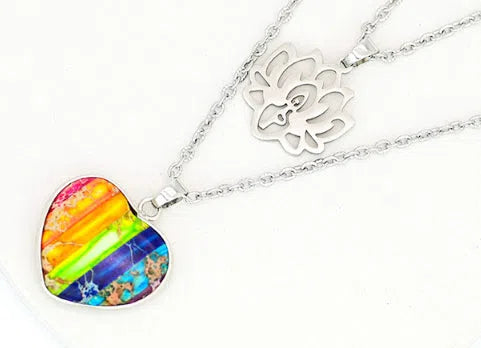 Seven-colour natural stone heart-shaped lotus pendant on silver-tone double-layer necklace