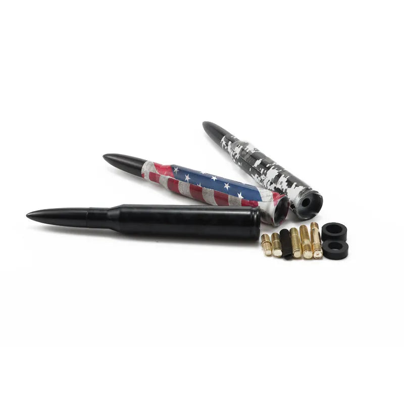 14cm long bullet car antenna in black, camouflage green, and American flag design options