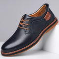 Men's business casual shoes in first layer cowhide, flat heel and round toe, black blue or brown