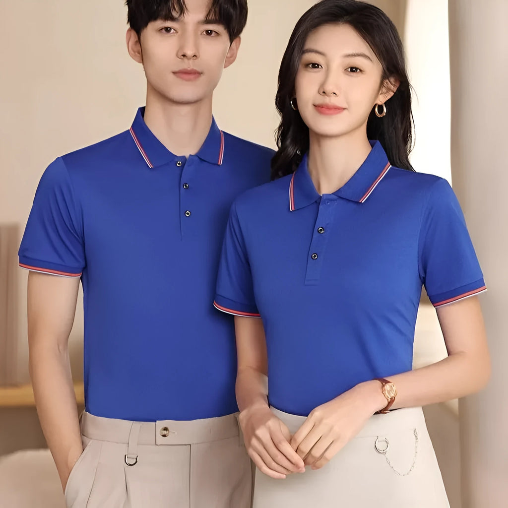Slim fit short sleeve cotton blend shirt shown in multiple colour options on a size chart.