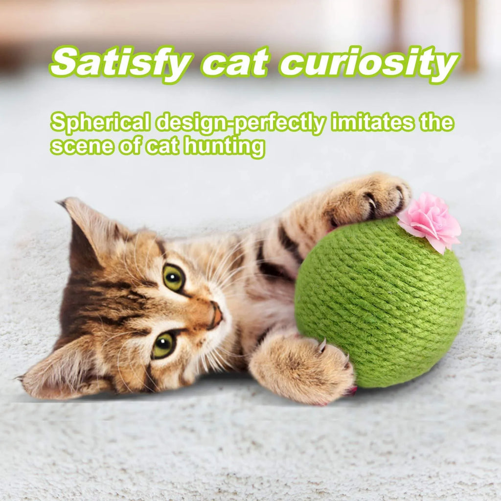 Green cactus-shaped cat scratcher with sisal fibres and attached tumbler ball for indoor play