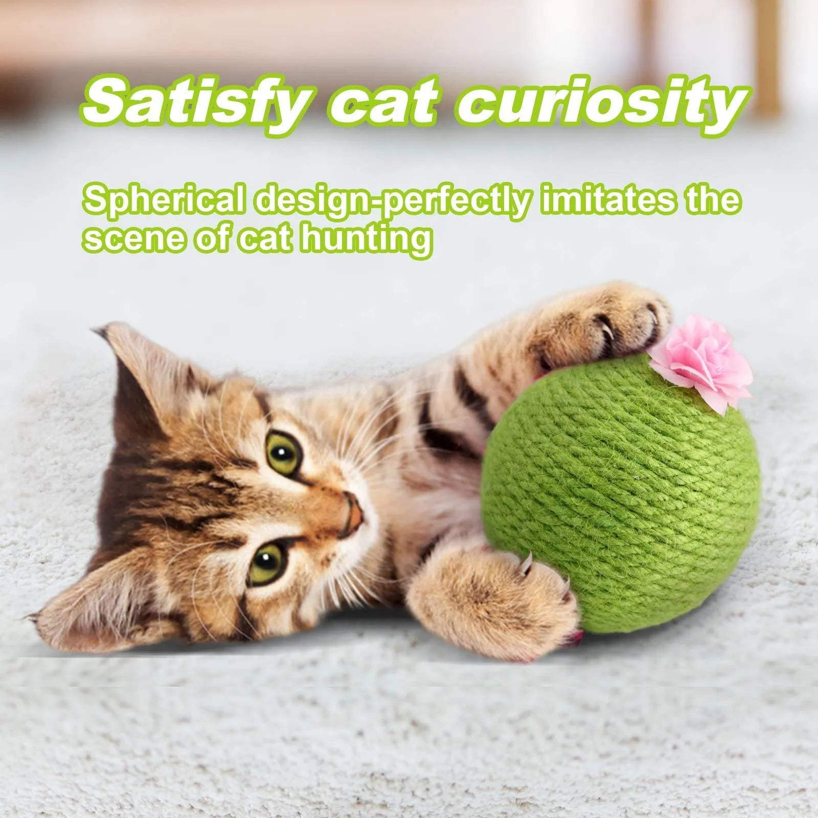 Green cactus-shaped cat scratcher with sisal fibres and attached tumbler ball for indoor play