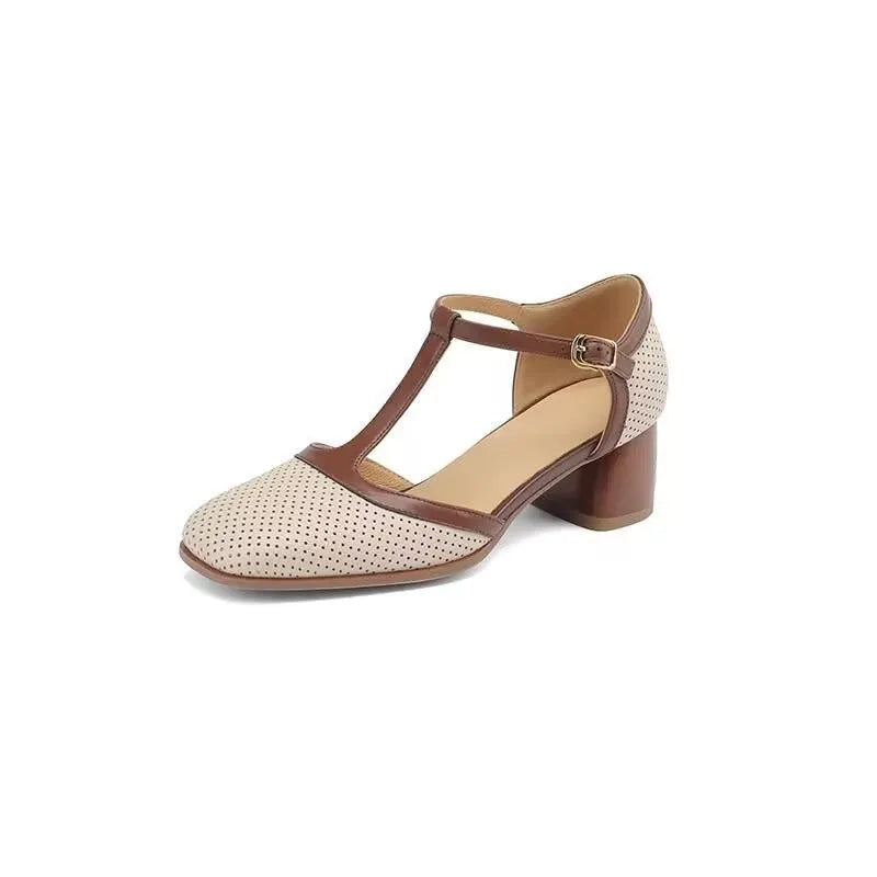 Retro colour block hole sandals with chunky heel in apricot