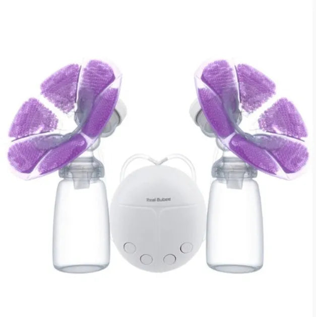 RealBubee USB double electric breast pump with 150ml milk bottle and cold heat pads in purple and white