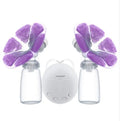 RealBubee USB double electric breast pump with 150ml milk bottle and cold heat pads in purple and white