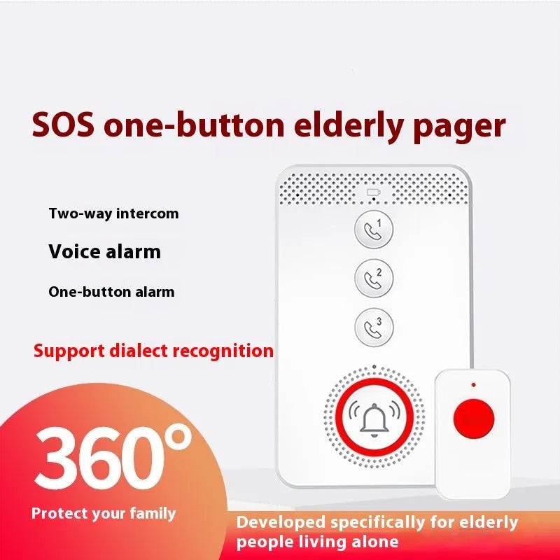 White elderly emergency alert device showing one central buzzer unit and three separate wireless panic buttons.