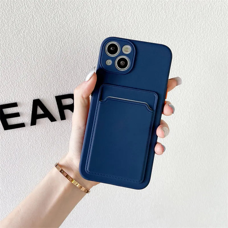 Sky blue colour blocking TPU phone case with a visible card slot for iPhone models.