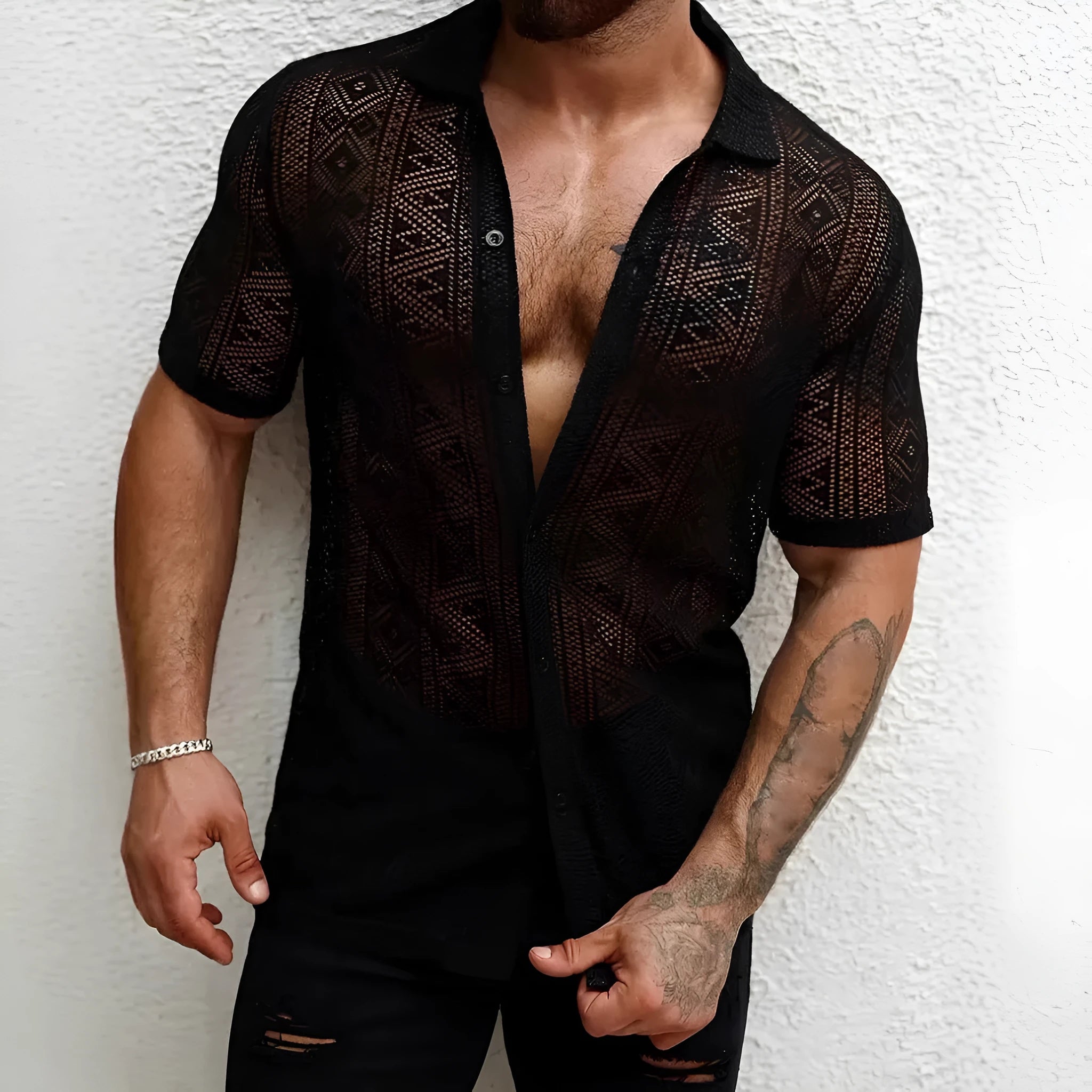 Men's black lace transparent short-sleeved polyester shirt cardigan on a model, front view