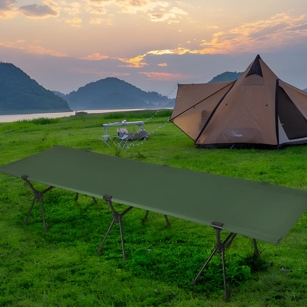 Portable folding camping bed with aluminium frame and polyester cloth in multiple colour options