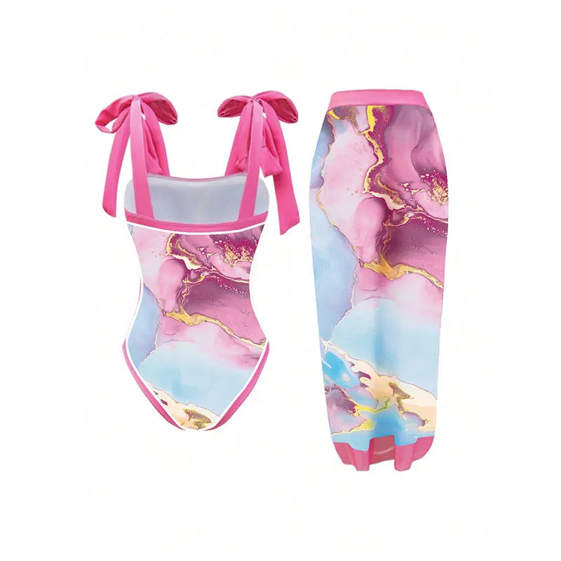 Women's pink printed sheath one-piece swimsuit with skirt for sun protection and swimming