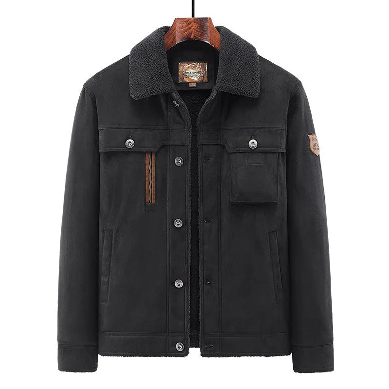 Men's deerskin jacket in khaki colour, polyester fiber with insulation and windproof features, business formal style for autumn winter