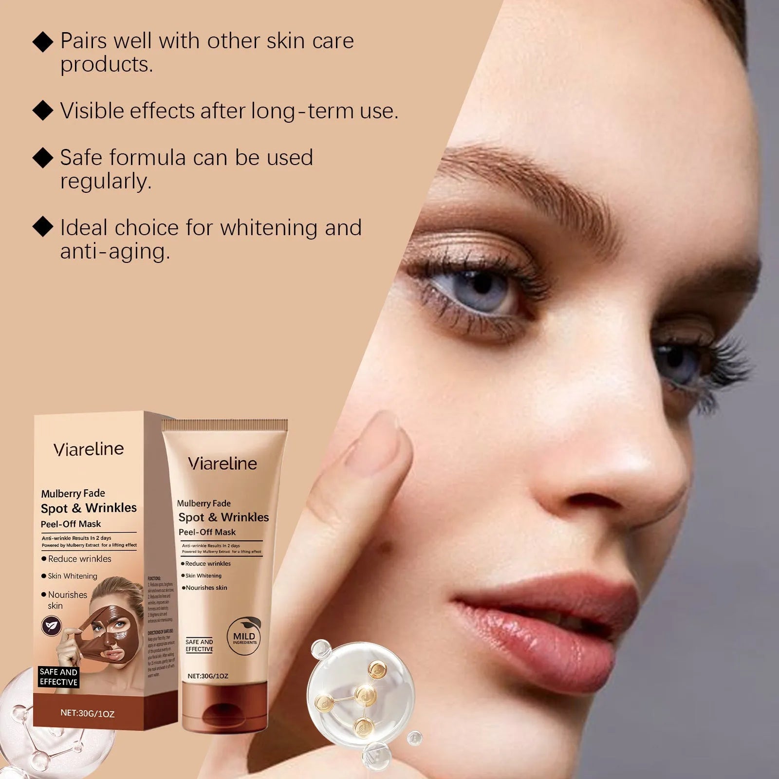 Single sachet of a 30g wrinkle care facial mask containing collagen and hyaluronic acid.