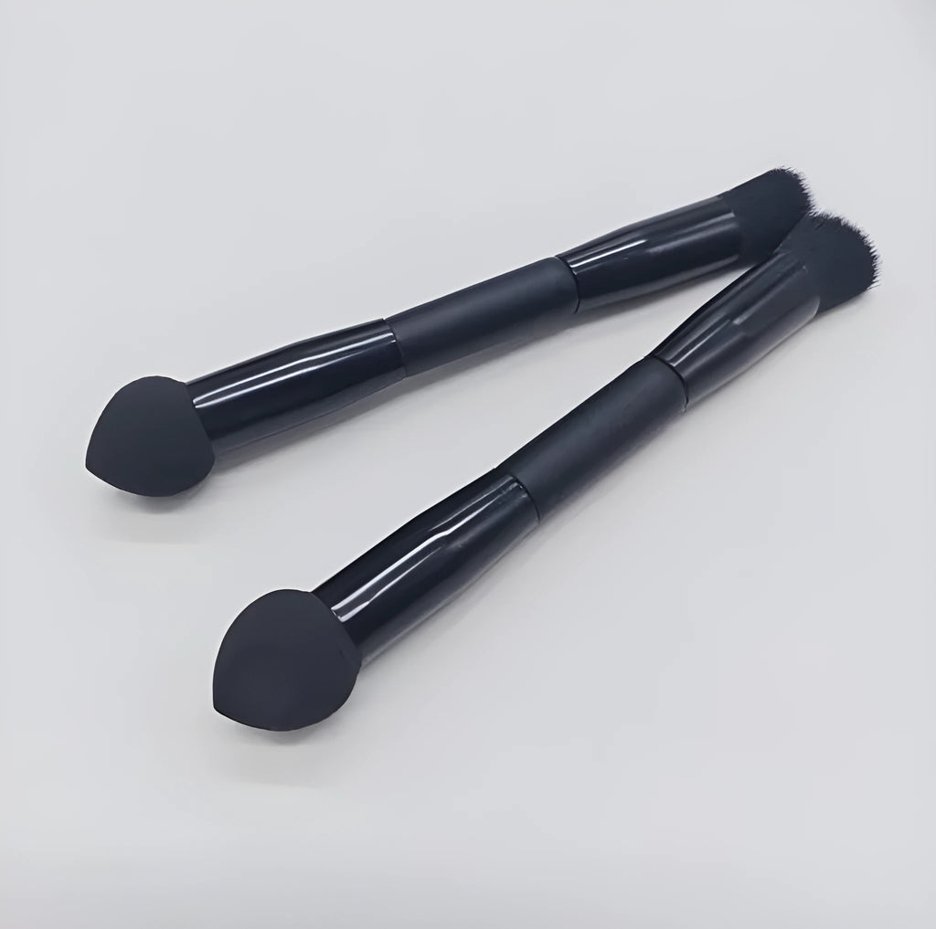 Double-headed miter sponge concealer makeup brush with black wooden handle