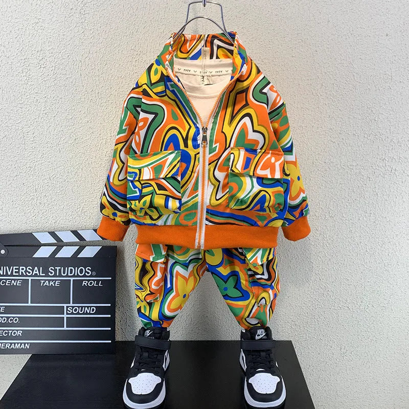Spring children's two-piece set in blue with long-sleeve shirt and pants for boys
