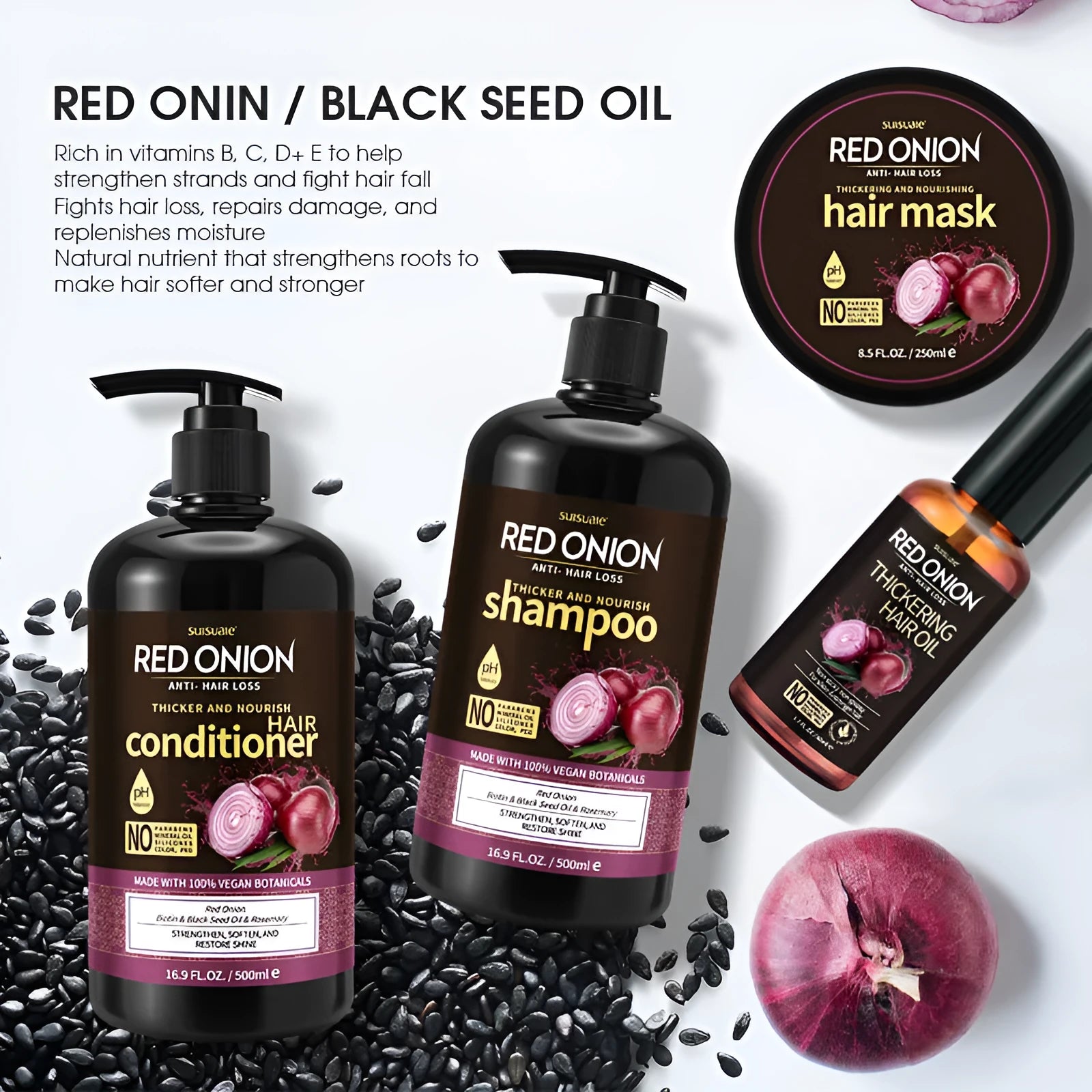 Red onion shampoo and conditioner four-piece set including large bottles and hair treatment products