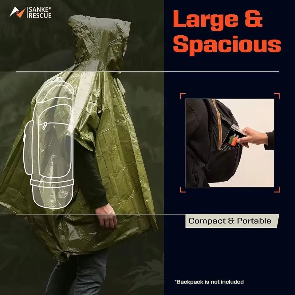 Waterproof military hooded raincoat in orange and army green, 100x120cm, for outdoor survival use