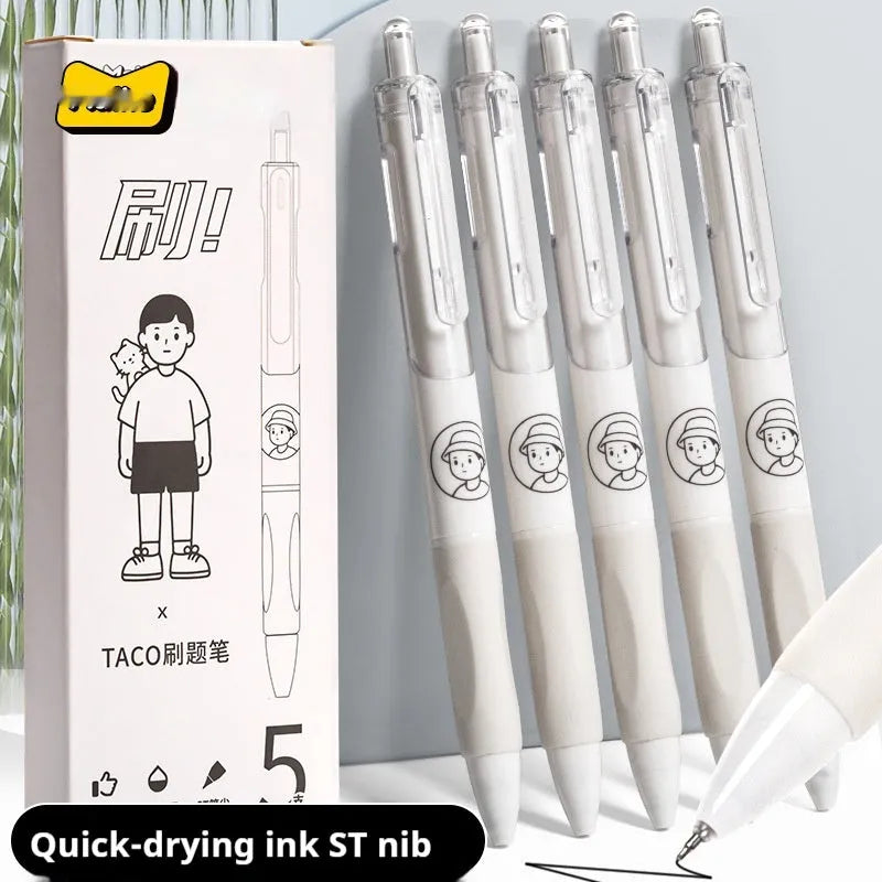 Five white plastic ballpoint pens with 0.5mm black ink tips arranged together.