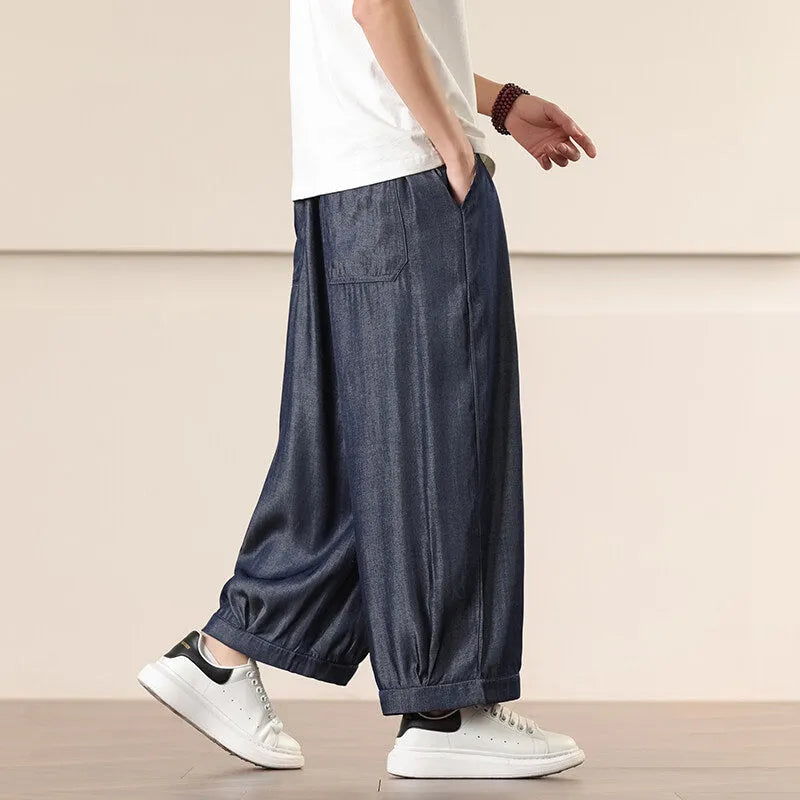 Men's retro straight-leg harem pants, cropped length, solid colour, chemical fibre blend, casual style
