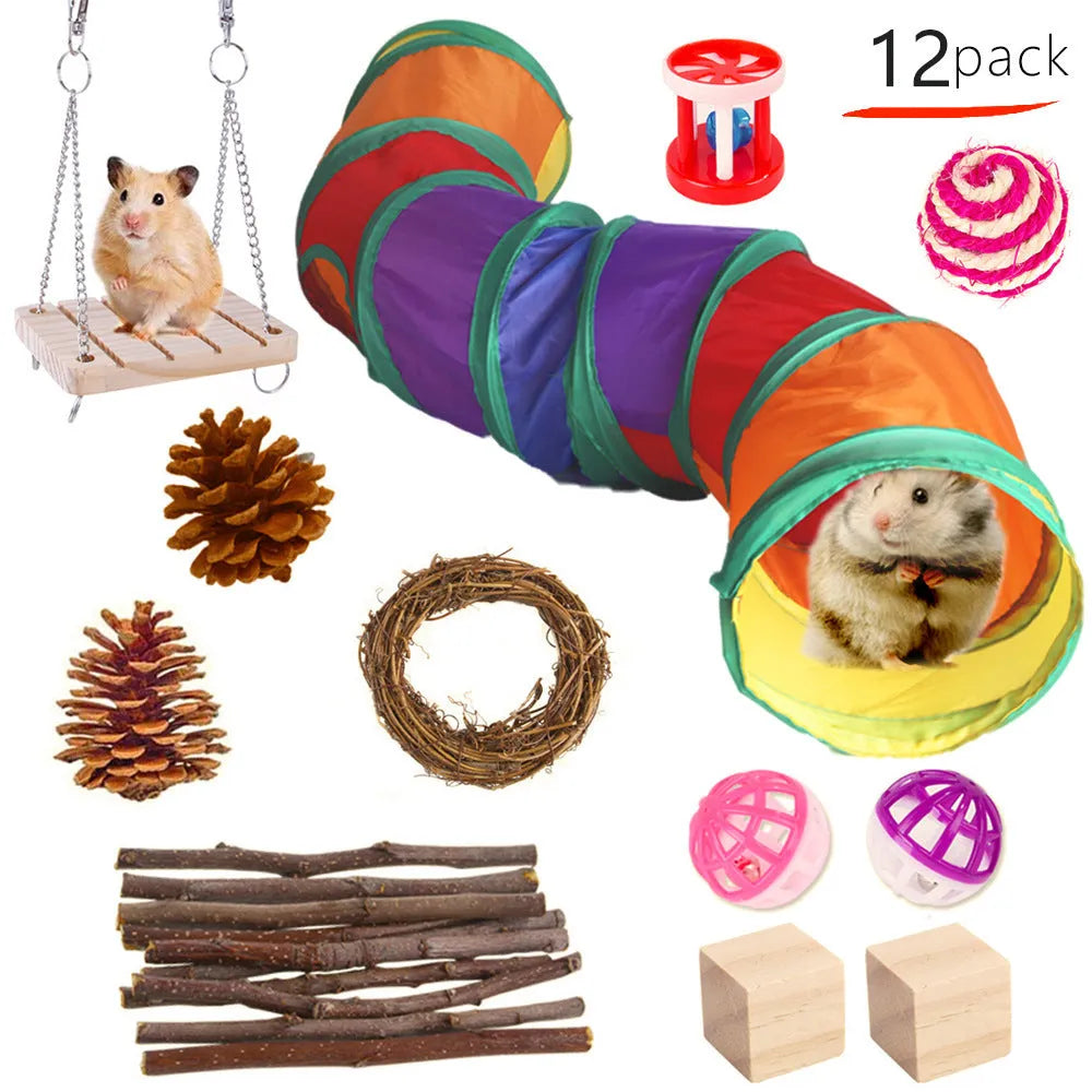 Assortment of natural wood and woven plant toys for small pets including straw mats and balls.