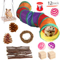 Assortment of natural wood and woven plant toys for small pets including straw mats and balls.