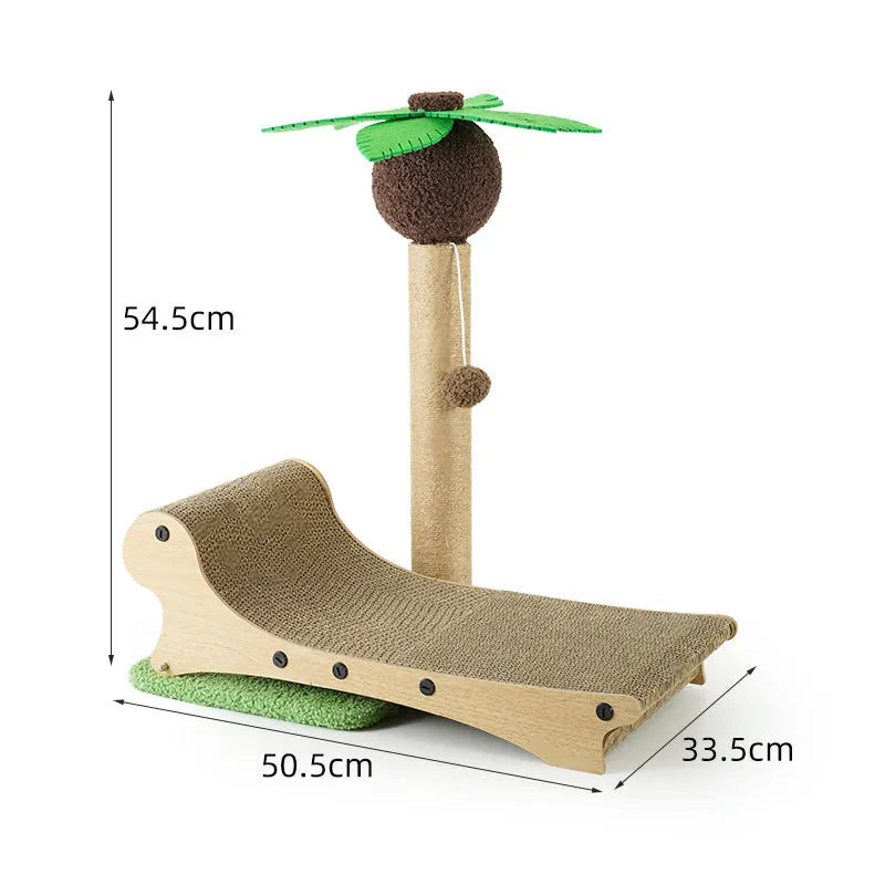 Wooden beach chair-shaped cat nest with a scratch board and woven hemp mat.